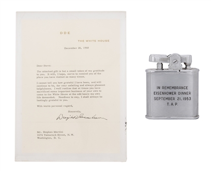 Dwight Eisenhower Signed Letter of Gratitude in Lucite with Eisenhower Dinner Sept 21, 1953 Engraved Lighter (Martini Family LOA & Beckett)